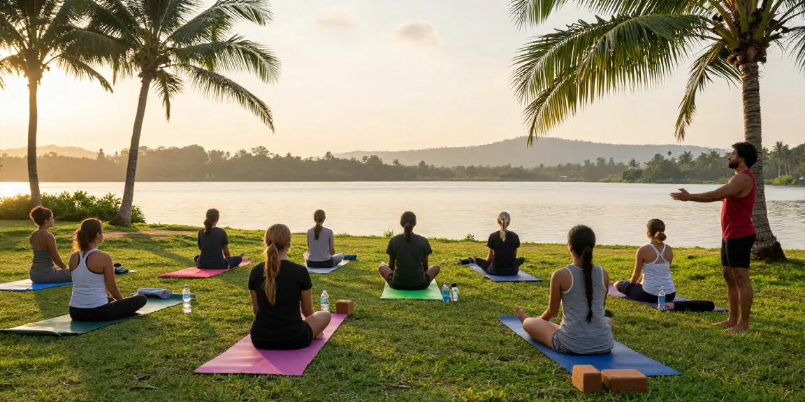Yoga teacher trainings Sri Lanka at sunrise on Koggala Lake with diverse students practicing together.