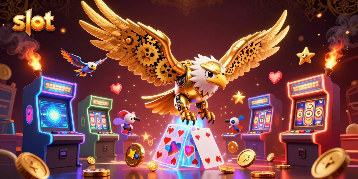 Spin exciting slot reels with a cybernetic eagle as it dives through glowing playing cards.
