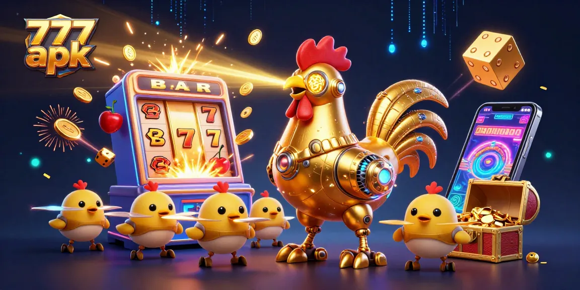 Engage with 777 apk in a vibrant scene of a futuristic casino illustration featuring the golden rooster robot.