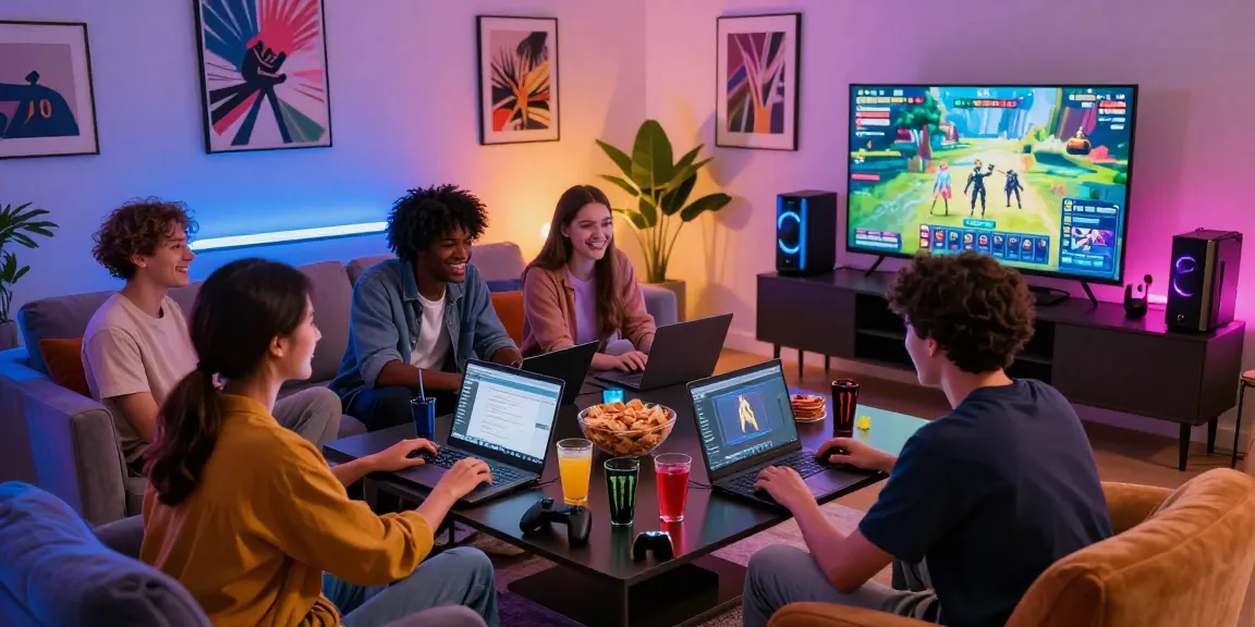 Friends enjoying gaming session using rokok88 platform with vibrant decor and snacks