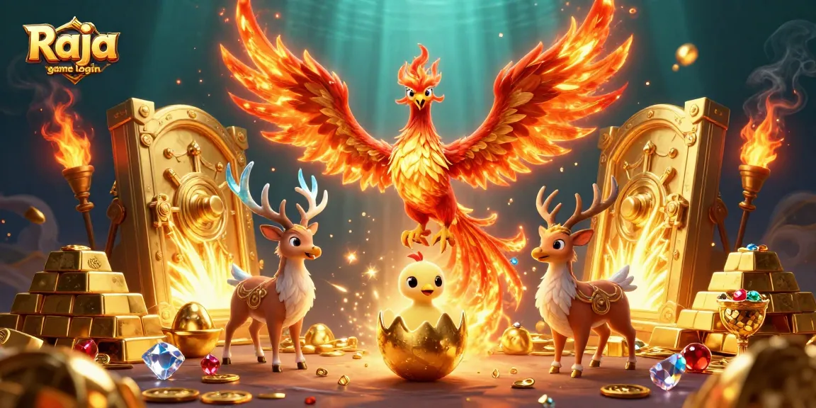 Engage in Raja game login to a thrilling scene with a fire phoenix and rich treasures.