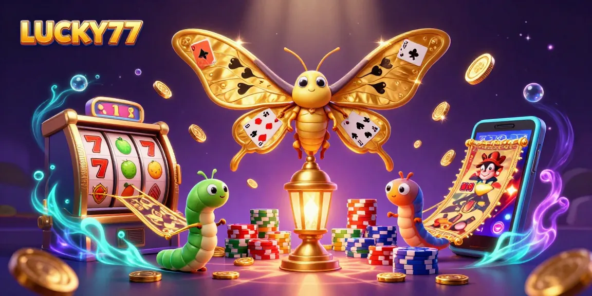 Engage with LUCKY77's vibrant casino-themed illustration showcasing golden jackpots and colorful slots.